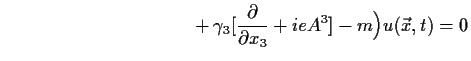 $\displaystyle ~~~~~~~~~~~~~~~~~~~~~~~~~~~~~~+\gamma_3 [\frac{\partial }{\partial x_3}+i e A^3] -m
\Big) u(\vec x,t)=0$